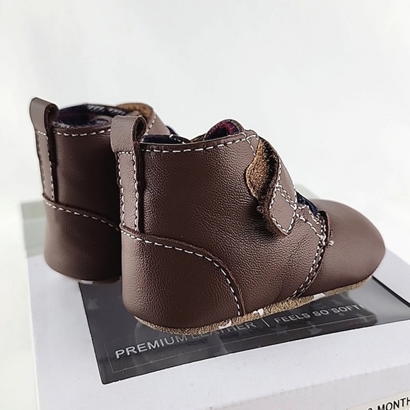 Robeez First Kicks Shoes Soft Brown Premium Leather Baby Navy Plaid Sz 0-3 Month - Picture 5 of 15